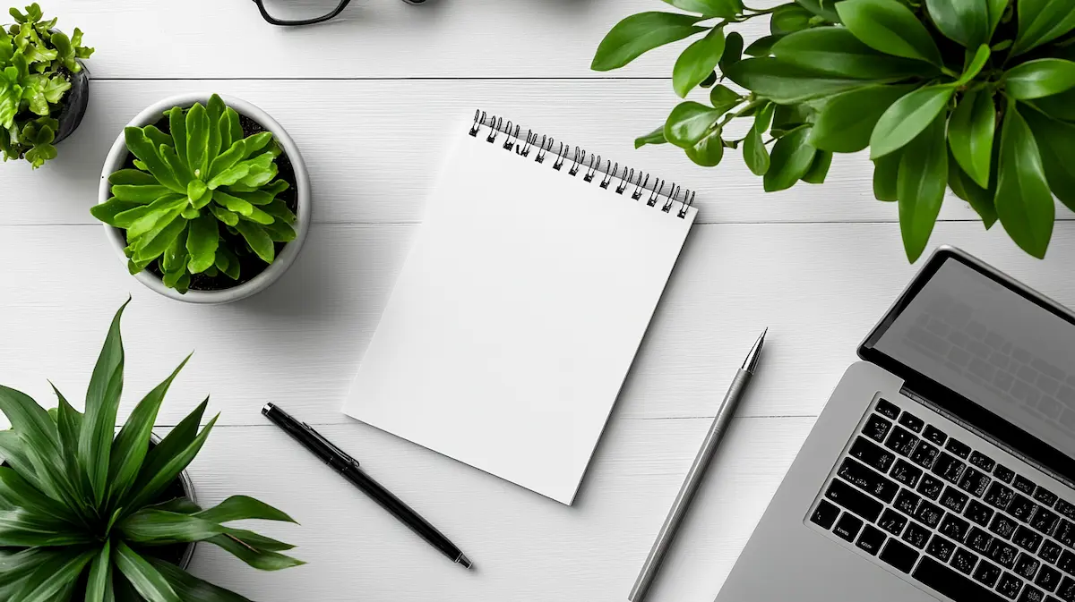 Aufgeräumter Schreibtisch mit einem Notizblock und Macbook